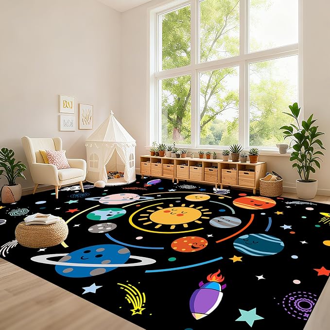 Solar System Rug-Machine Washable 6x9 Feet Space Rug for Boys Room Space Carpet for Kids Bedroom Outer Space Decor for Kids Room Planet Themed Bedroom Decor