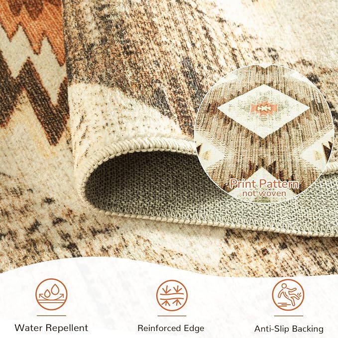 Area Rug 2x6 Rug Machine Washable Non-Slip Low Pile Print Pattern Western Rug for Living Room Bedroom Entryway Tribal Series -Cream/Camel