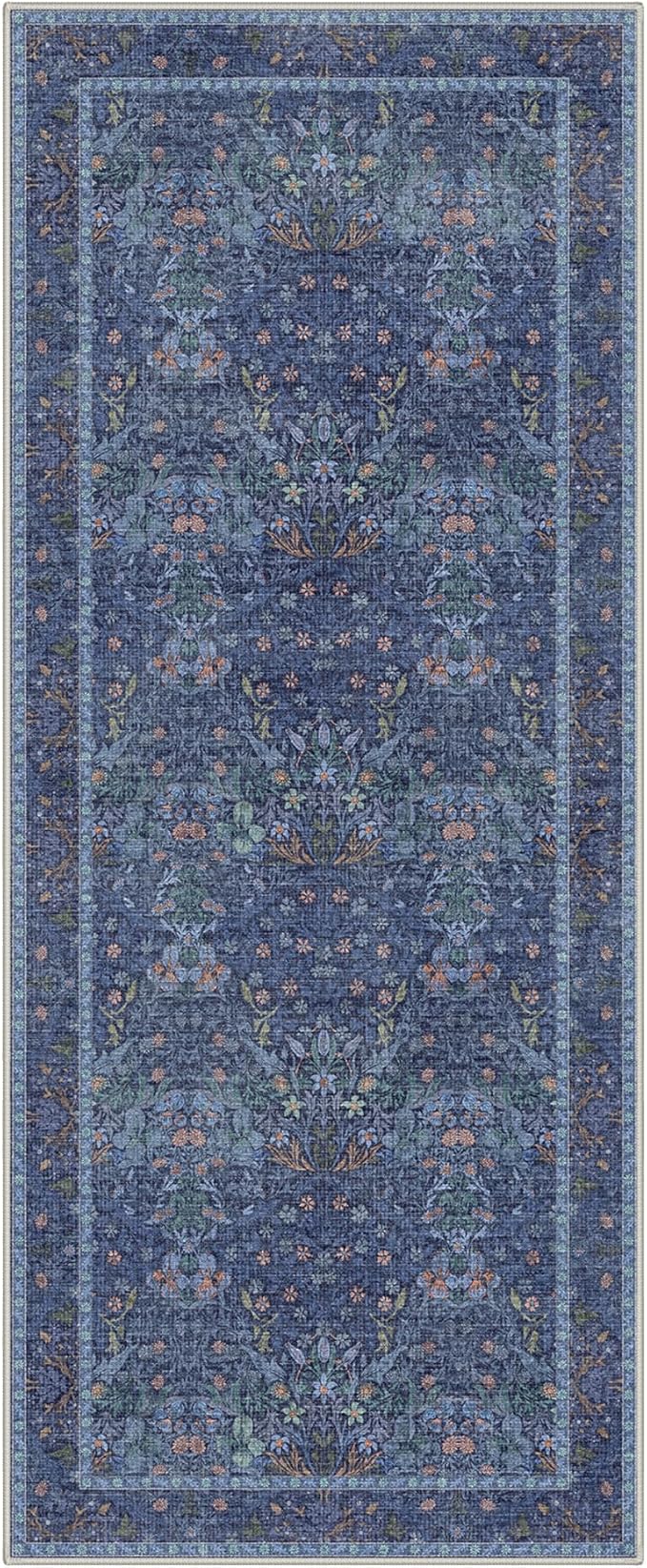 GENIMO 2x5 Washable Kitchen Runner Rug, Non Slip Hallway Mat, Navy Slate | Vintage Boho Floral Low Pile Thin Mat for Entryway, Kitchen, Bedroom, Indoor Decor