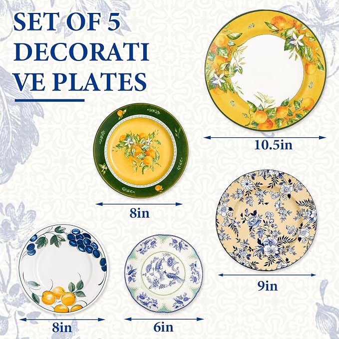 Yiyiring 5 Pcs Coastal Vintage Ceramic Wall Plates Set, Blue White and Yellow Decoration Hanging Plates with Botanical Patterns, Holland Vintage Gifts for Wall, Home Office Art Ornament(Fruit)