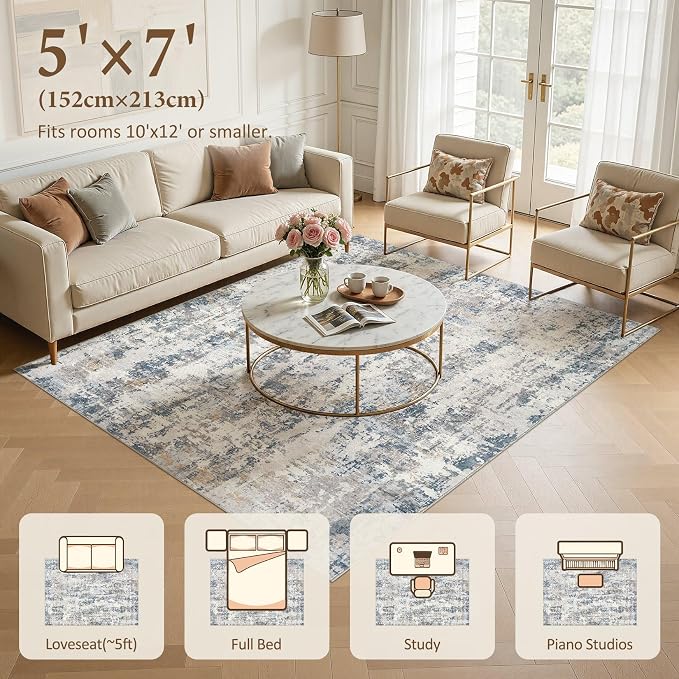 5x7 Area Rug Living Room Rugs: Washable Large Soft Abstract Modern Neutral Rug Stain Resistant & Non-Slip Low-Pile Carpet for Bedroom Dining Nursery Home Office Room Decor - Grey Blue