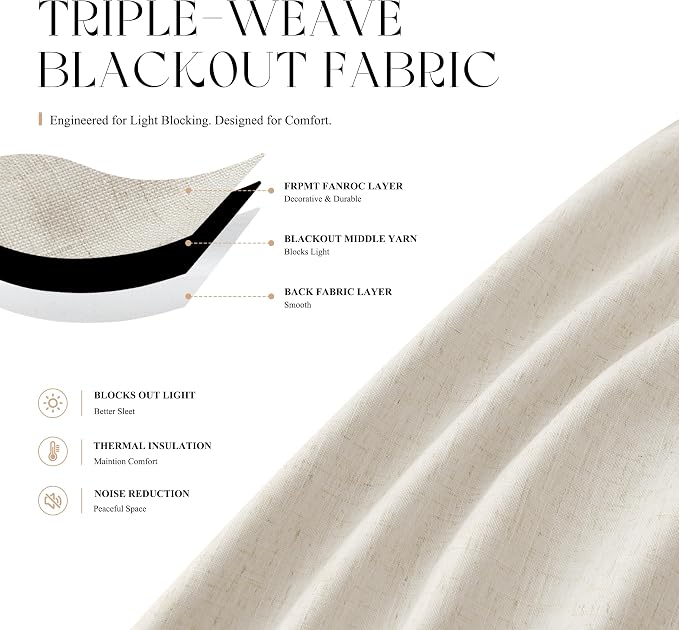 Jowels Beige Linen Blackout Curtains 108 Length 2 Panels Set for Living Room Bedroom, 100% Black Out Thermal Insulated Linen Drapes, Room Darkening Grommet Curtains 108 Inches Long