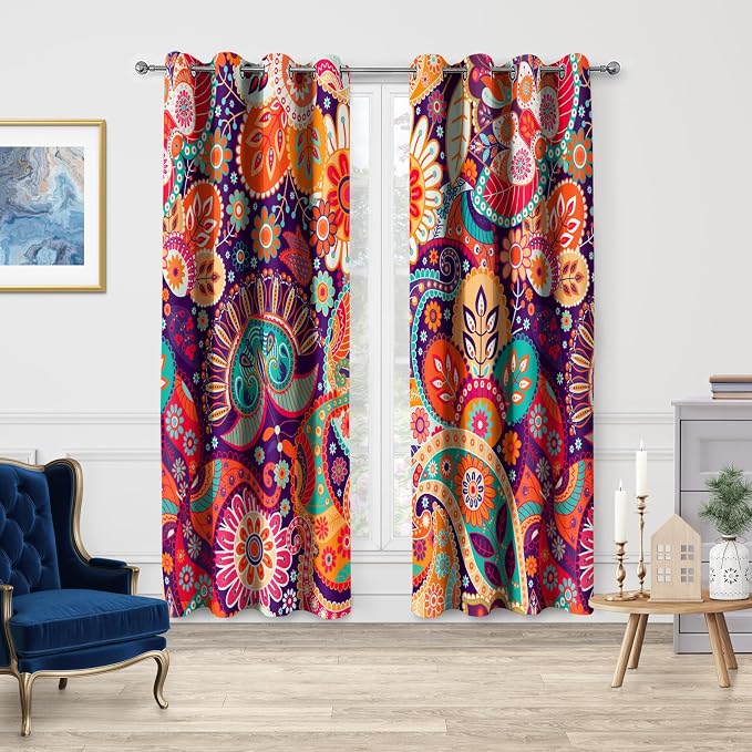 Jekeno Boho Colorful Floral Blackout Curtains Bohemian Mandala Flowered Grommet Privacy Drapes Decor Apartment Bedroom Living Room Darkening Window Treatments 2 Panels Set, Multicolor 42x63 Inch