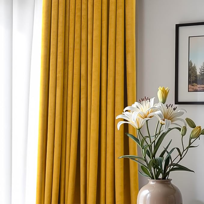 Back Tab Velvet Curtains Gold Bedroom Curtains 63 Inch Length 2 Panel Rod Pocket Super Soft Luxury Textured Thermal Insulated Short Drape for Boy Kids Room Office Apartment Studio Theater Autumn Decor