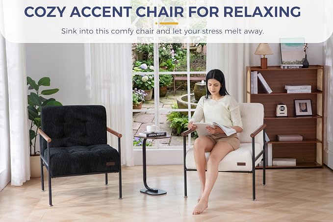 MAXYOYO Living Room Accent Chair, Modern Chair with Metal Frame | Upholstered Reading Chair Modern Living Room Chair with Support Cushion for Bedroom Balcony Porch, Black