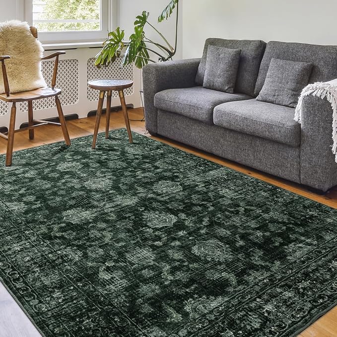 FROZZUR Boho Green Area Rug 5x7 Large Vintage Rug for Living Room Bedroom Dining Table, Non Slip Distressed Washable Rugs for Home Office Christmas Decor Green