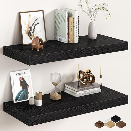 32Inch Black Floating Shelves for Wall, 12 Inch Deep Shelves for Bedroom, Kitchen, Bathroom Wall Mounted, Rustic Wood Floating Shelf with Invisible Brackets for Books, Storage, Decor, 2 Packs