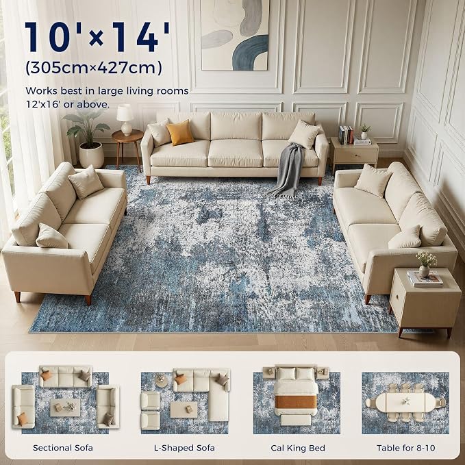 DMOYEST Area Rug Living Room Rugs - 10x14 Large Soft Indoor Neutral Modern Abstract Low Pile Washable Rug Carpet for Bedroom Dining Room Farmhouse Home Office - Grey Blue
