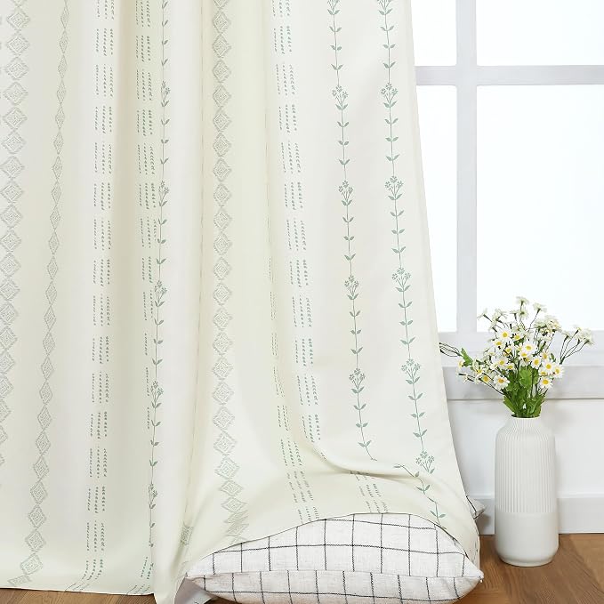 Lino Rosa Green Striped Cottagecore Curtains, Floor to Ceiling Semi Blackout Pattern Drapes 96 Inch Long 2 Panel Set
