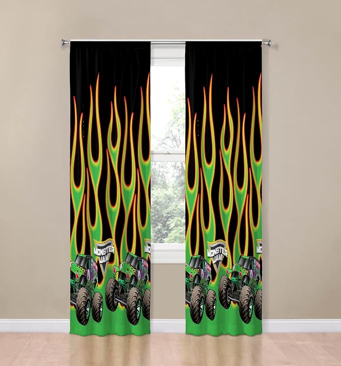 Sunny Side Up Window Curtains for Kids Bedroom 4-Piece Drape Set with 2 Tiebacks, Black - Monster Jam, 42" W x 84" L (Pack of 2)