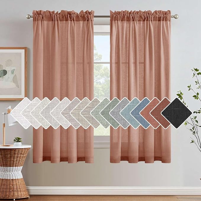 H.VERSAILTEX Linen Curtains Elegant Natural Linen Semi Sheer Curtains Energy Light Filtering Rod Pocket Window Treatments Panels for Living Room (Set of 2, Terracotta, 52 inch W X 63 inch L)