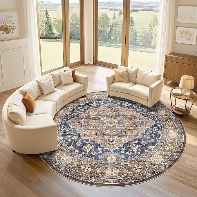 Round Rug Living Room Rugs: 7x7 Washable Boho Neutral Large Circle Soft Indoor Floral Stain Resistant Floor Farmhouse Carpet for Bedroom Nursery Kids Playroom Office Dining Room Dorm- Yellow Blue