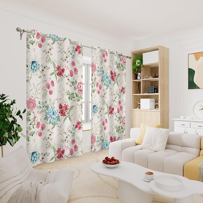 Renaiss Boho Flower Blackout Curtains Wild Blue Pink Floral Thermal Insulated Window Drapes for Bedroom 53W x 96L inches 2 Panel Set Beige Window Curtain Panels for Living Room