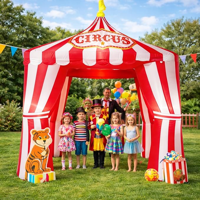 10ft Carnival Circus Tent Party Decorations, Red and White Striped Inflatable Arch with Build in LED Lights, Blow Up Tent and Floor Runner for Circus Carnival Halloween Birthday Party Decorations