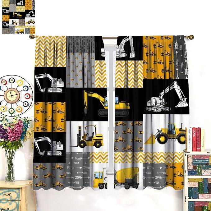 Cartoon Car Window Curtains,Kids Boys Truck Vehicle Tree Blue Rod Pocket Decor Cloth Fabric for Kitchen Office Bedroom Cafe Dining Room Living Room Drapes,42x45 in