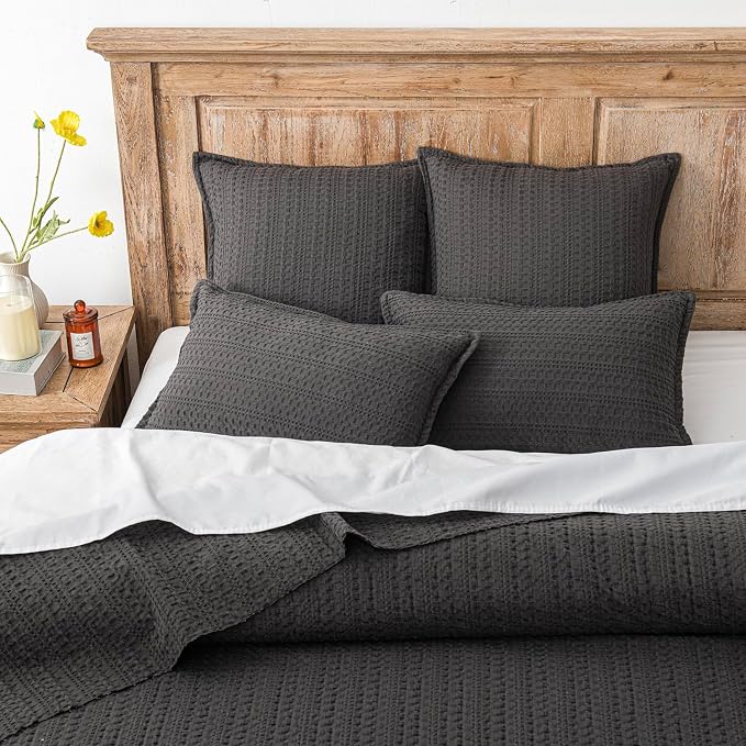 Foindtower Set of 2 Decorative Cotton Waffle Weave Throw Pillow Covers Euro Shams Cushion Covers Accent European Pillowcase for Bed Couch Sofa Bedroom Living Room Home Decor 18×18 Inch Dark Grey