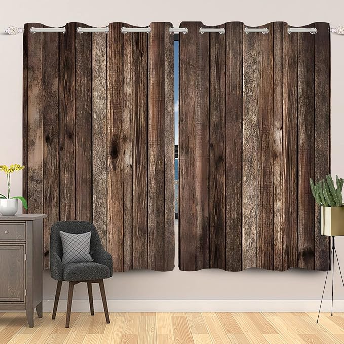 Rustic Old Brown Window Curtains Vintage Wood Barn Door Curtains Retro Wood Planks American Rustic Rural Garage Door Drapes Door Native Farmhouse Decor Window Treatments,53x84 inch,2 Panels