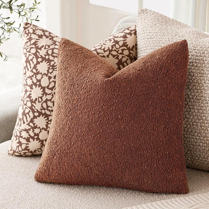 Foindtower Set of 2, Decorative Textured Boucle Throw Pillow Covers Accent Solid Pillow Cases Neutral Soft Cozy Couch Cushion Case for Chair Sofa Bedroom Living Room Home Decor 24x24 Inch Red Taupe