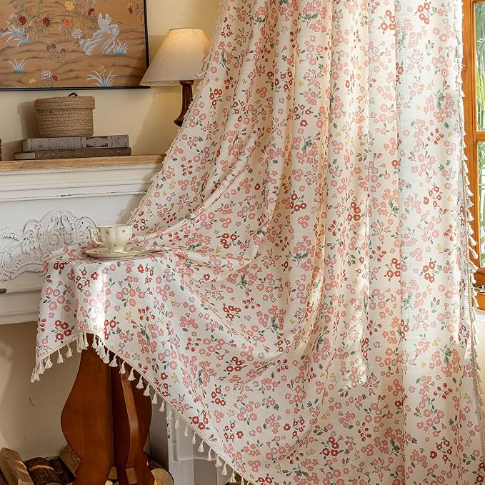 OYX Boho Floral Curtains with Tassels, Light Filtering Linen Curtains, Rod Pocket Farmhouse Flower Print Window Drapes for Bedroom Living Room, 2 Panels, 52’’W X84’’L