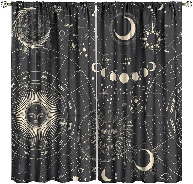 Golden Sun Moon Blackout Curtains, Starry Retro Bohemian Sun Moon Star Mysterious Universe Retro Window Drapes, for Bedroom Living Room 84" W X 84" L