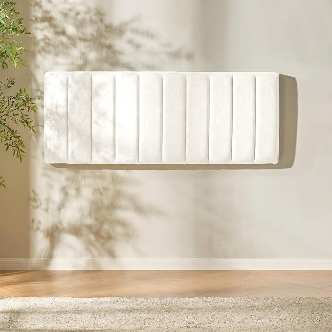 Hearth & Harbor Upholstered Full Headboard - Easy Assemble Channel Stitched Headboard Full Size - Wall Mounted Headboards with 3D Soundproof Wall Panels Peel & Stick Floating Headboards, Off White