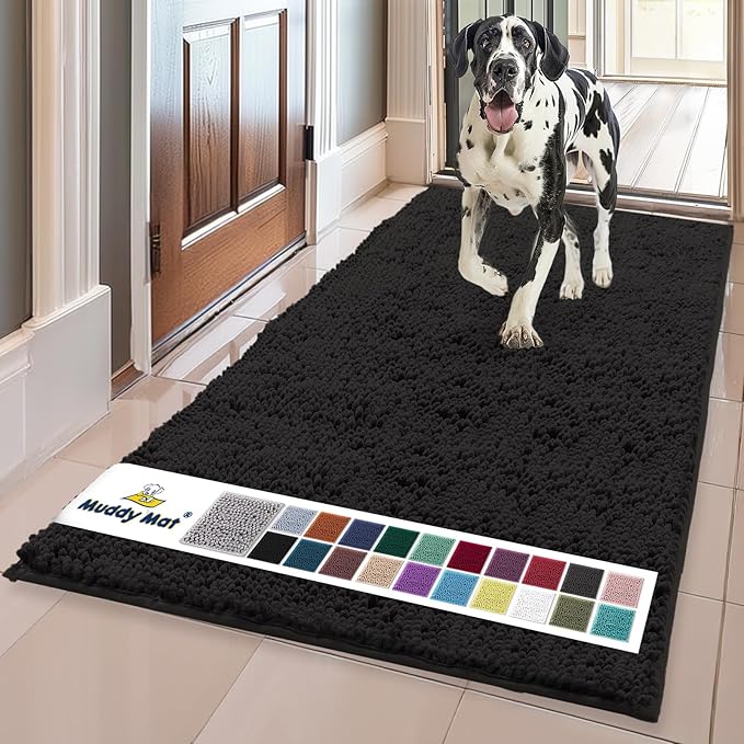 Muddy Mat® | Super Water Absorbent Door Mat Indoor, Microfiber Quick Dry Chenille Entryway Rug, Slip Resistant Front Door Mat, Indoor Mats for Entryway, Machine Washable Pet Rug, Black 24"x72"