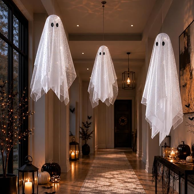 AYGXU Halloween Decorations outdoor/indoor-3pcs Hanging Ghost Decor with Light,Halloween Ornaments,Hallowee n Decor for Tree,Yard,Window,Garden