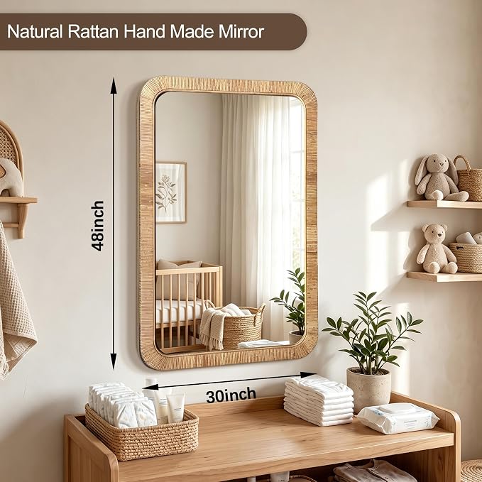 Decorative Rattan Wall Mirror, Boho Bathroom Modern Makeup, Rustic Wall Bohemia Mirrors for Bedroom, Living Room, Vanity Versatile Farmhouse, Nursery, Bathroom (Rectangular 48" x30“)