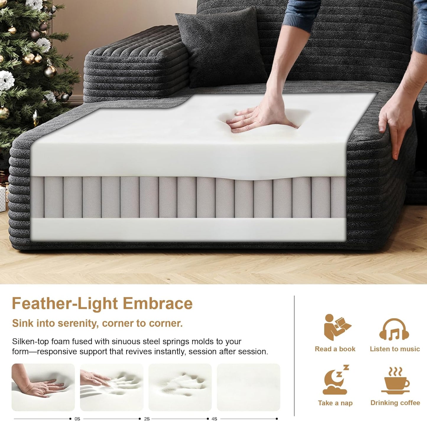 136" Sectional Couches for Living Room Modern Modular Sofa with L-Shape Couchs Upholstered Boneless Couch Deep Seat Sectional Couch with Chaise (Black, Left Facing Chaise+3Seaters+Ottoman)