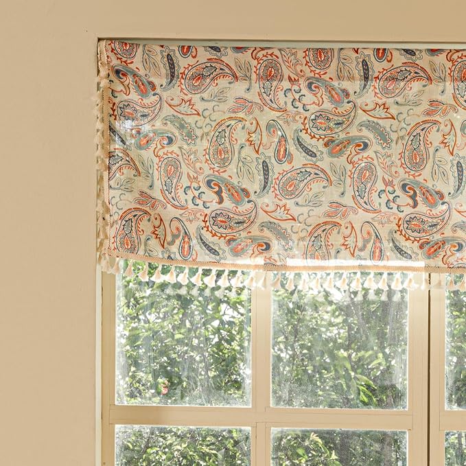 Deeprove Boho Valance 18 Inch Length, Colorful Bandana Terracotta Paisley Print Textured Kitchen Window Small Short Curtan for Cafe Bedroom Farmhouse Ethnic TrimTassel Style Privacy 1 Panel 52W x 18L