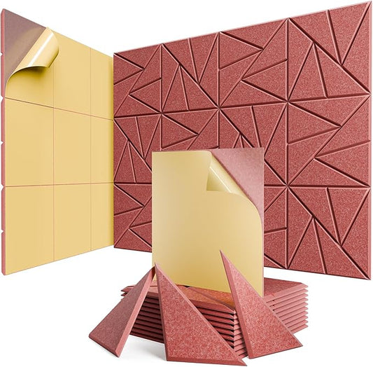 12 Pack Acoustic Panels with Self-Adhesive, 12"X 12"X 0.4"Sound Proof Foam Panels, Sound Panels High Density, Soundproof Wall Panels for Home Studio Office Red