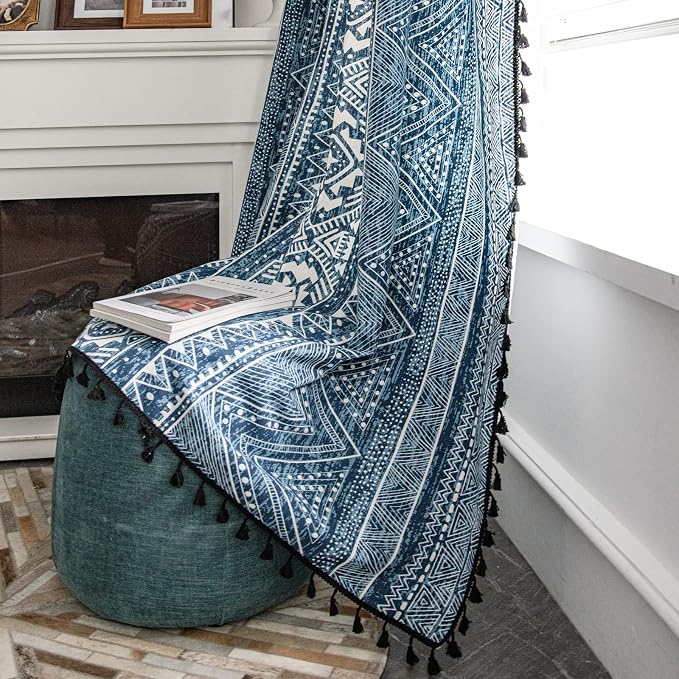 ColorBird Blue Boho Curtains 63 Inch Farmhouse MCM Western Striped Aztec Light Filtering Window Treatment Patterned Drapes for Bedroom Living Dining Room Kitchen Boho Chic Decor