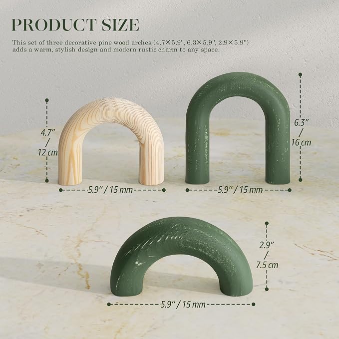 EOSAHR Pine Wooden Arch Decor Set for Bookcase Decor - Wood Sculpture for Coffee Tables, Side Tables & TV Consoles - Decorative Objects for House Aesthetic (Green & Yellow)