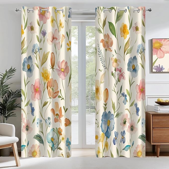 Boho Floral Blackout Curtains, Vintage Watercolor Wildflower Botanical Plant Leaves Room Darkening Thermal Insulated Grommet Window Drapes for Living Room Bedroom Decor 2 Panels 52x63 Inches
