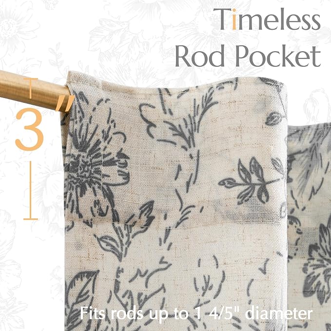 jinchan Linen Floral Tier Curtains 36 Inch Farmhouse Botanic Grey Cafe Curtains Light Filtering Drapes for Small Windows Back Tab Half Window for Kitchen Living Room Bathroom 2 Panels Gray