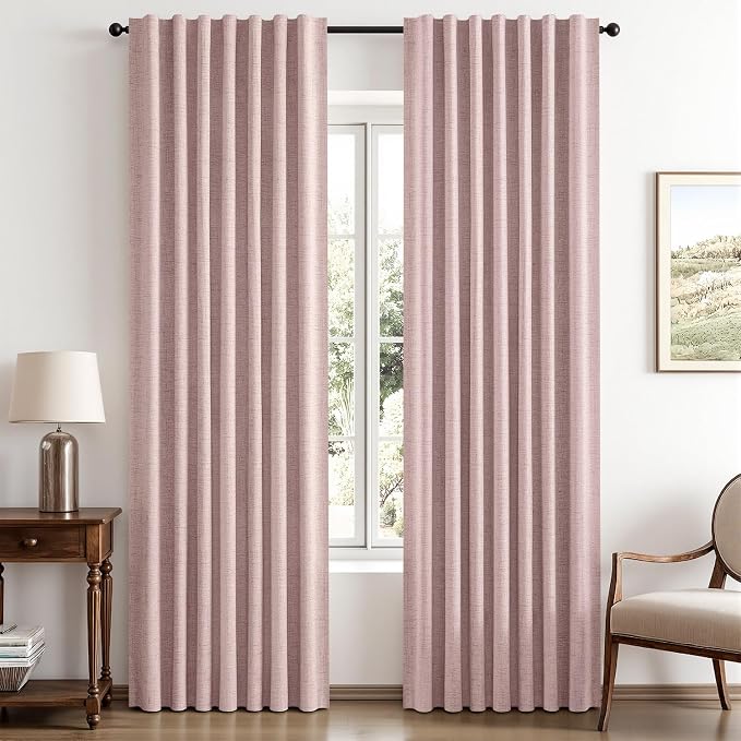 MIULEE 100% Blackout Linen Curtains for Bedroom, Pink Solid Luxury Decor Thermal Insulation Room Darkening Drapes for Living Room Back Tab Rod Pocket 42 x 63 Inches, 2 Panels