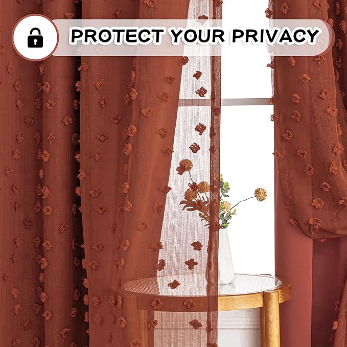 MYSKY HOME Terracotta Blackout Curtains 95 Inches Long for Sliding Door Living Room Curtain with Brick Red Pom Pom Sheer Grommet Double Layer Toddler Room Darkening Window Drapes 52 Wide, 2 Pieces