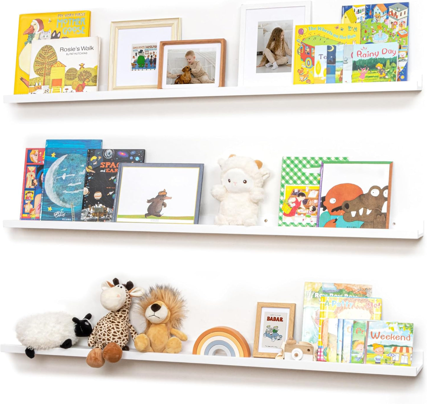 Picture Ledge Shelf for Wall, 56 inches Solid Pine Wood Nursery Book Shelves 3 Packs, Floating Ledge Shelves for Kids' Room Bedroom Bathroom Long Floating Shelves for Wall Nursey Wall Decor, White