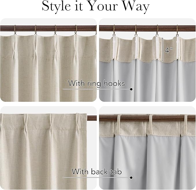 NICETOWN PRO 100% Blackout Beige Curtains for Living Room, Pinch Pleated Linen Blend Window Treatments Thermal Drapes Sound Dampening for Bedroom, W40 x L102, 2 Panels