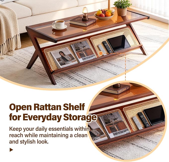 Tiita Rattan Coffee Table, Bamboo Accent Bedside Tables, Glass Nightstand Side Table, Boho Wooden End Table with Storage for Living Room,Living Room, Dining Room, Tea, Home Décor