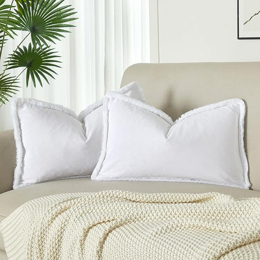 JUSPURBET Pack of 2 White Decorative Fringe Velvet Lumbar Throw Pillow Covers 12x20 for Home Decor Living Room Bedroom Car Boho Soft Cushion Cover with Hidden Zipper Machine Washable