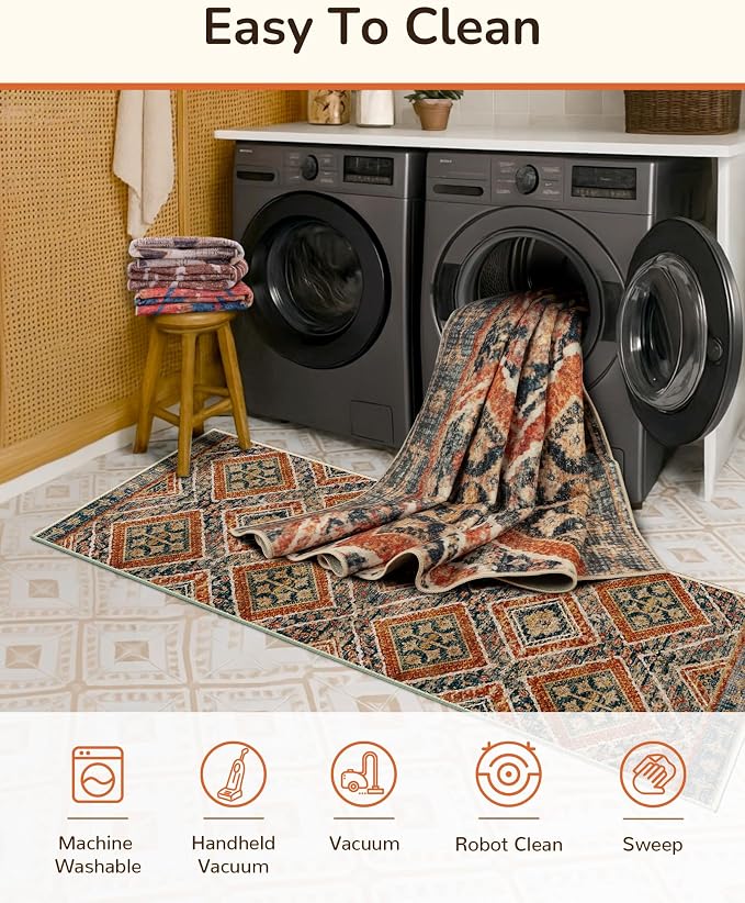 Area Rug 8x10 Rug Machine Washable Non-Slip Low Pile Print Pattern Western Rug for Living Room Bedroom Entryway Tribal Series -Orange/Brown