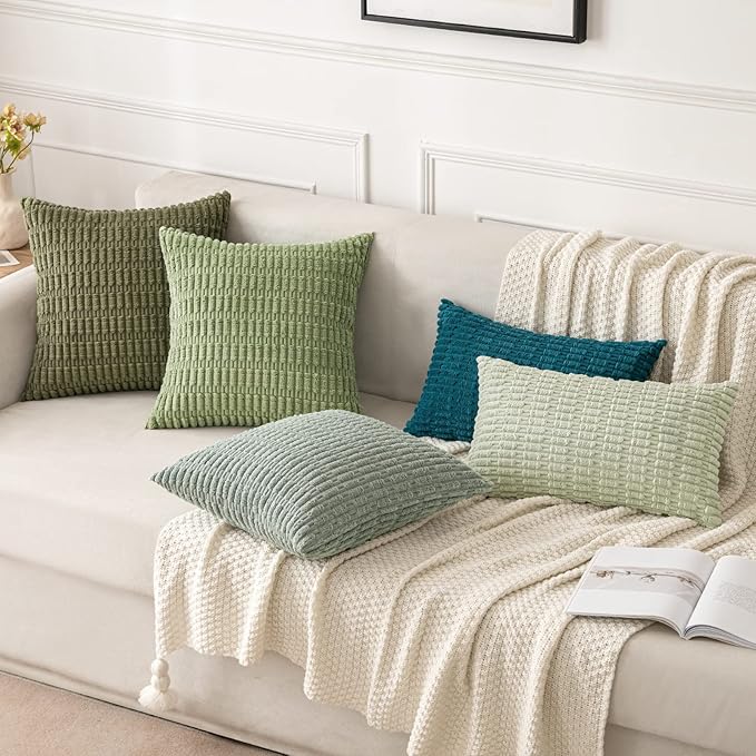 MIULEE Pack of 2 Spring Corduroy Decorative Euro Sham Throw Pillow Covers 22x22 Inch Soft Boho Striped Pillow Covers Modern Farmhouse Home Decor for Summer Sofa Living Room Couch Bed Greyish Green