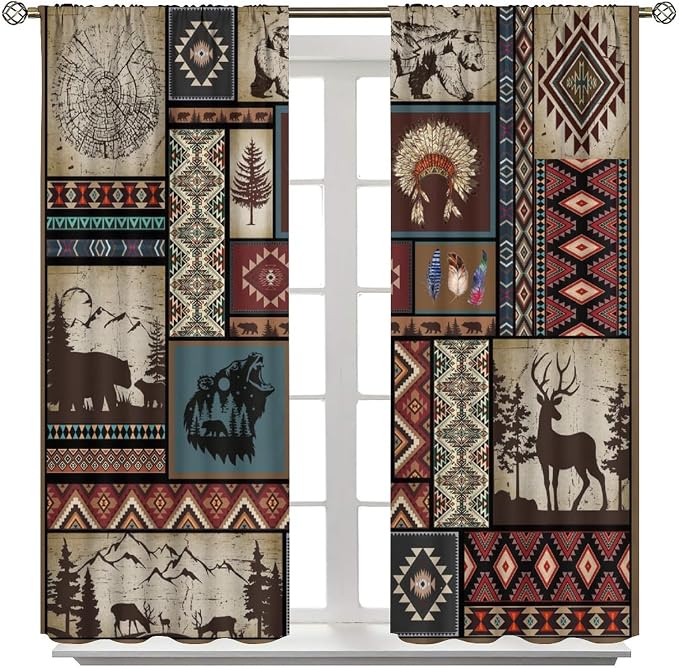 Rustic Cabin Blackout Curtains for Kitchen Country Retro Aztec Southwest Native American Farmhouse Woodland Wildlife Camping Window Treatments for Farmhouse Bedroom Living Room 55x63in