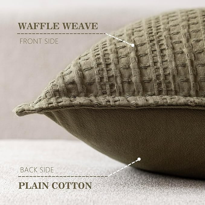 Foindtower Set of 2 Decorative Cotton Waffle Weave Throw Pillow Covers Euro Shams Cushion Covers Accent European Pillowcase for Bed Couch Sofa Bedroom Living Room Home Decor 20×20 Inch Olive Green