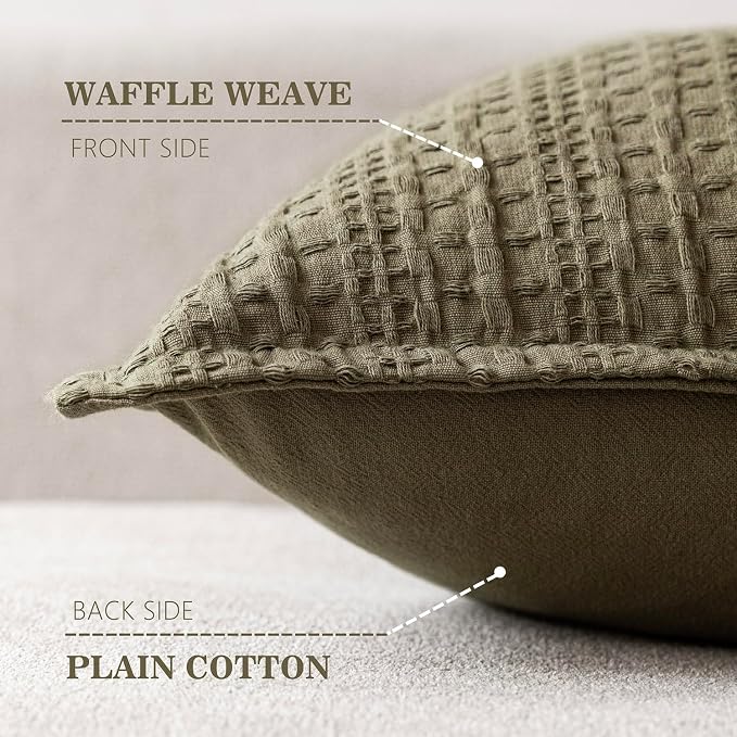 Foindtower Set of 2 Decorative Cotton Waffle Weave Throw Pillow Covers Euro Shams Cushion Covers Accent European Pillowcase for Bed Couch Sofa Bedroom Living Room Home Decor 24×24 Inch Olive Green