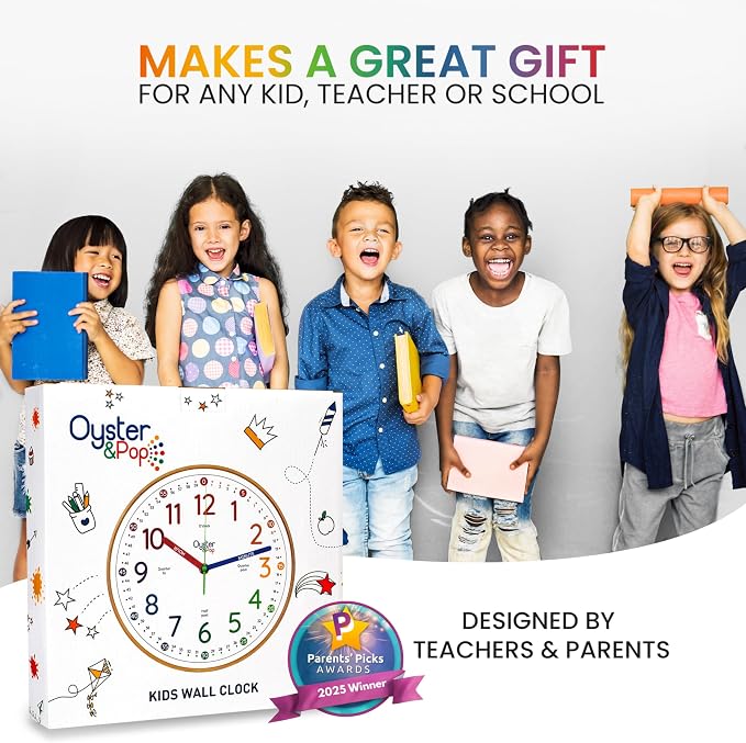 Oyster&Pop Kids Clock - Silent 10" Analog Clock, Learning Wall Clocks - Award-Winning Telling Time Teaching Clock for Kids - Bedrooms Homeschool & Classrooms - Includes eBook