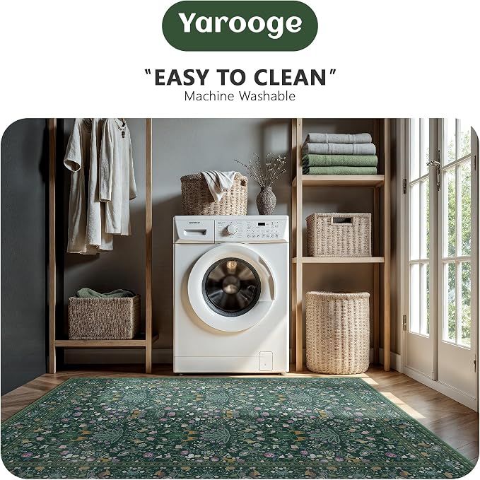 8x10 Area Rugs, Machine Washable Low Pile Floral Rugs for Living Room, Bedroom, Large Boho Area Rug with Non-Slip Backing for Dining Room(Dark Green)