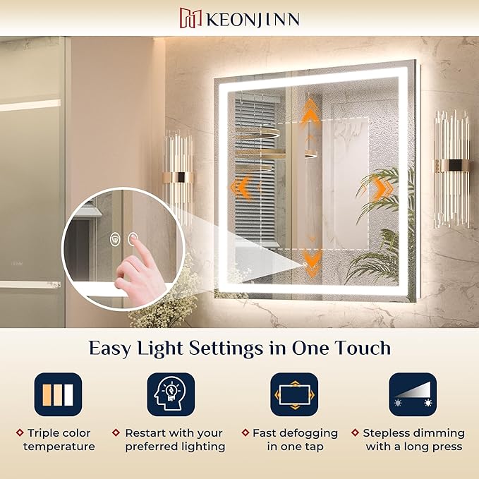 Keonjinn 55 ” x 36 ” Lighted Mirror for Bathroom Wall, LED Mirror with Frontlit & Backlit, Bathroom Mirror with Lights, Dimmable 3-Color Lights, HD Tempered Glass, UL-Listed LED Driver