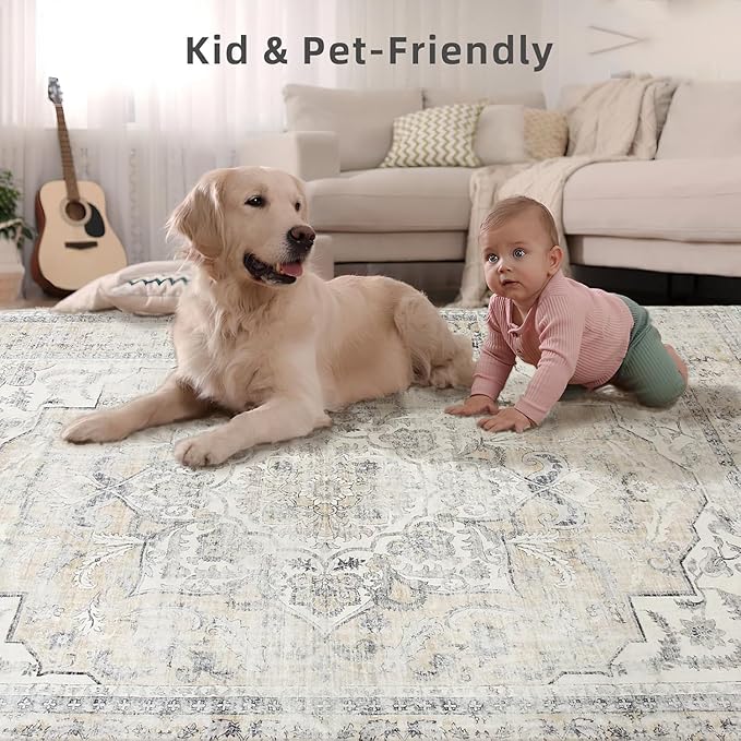 10x14 Area Rugs for Living Room: Large Washable Rug Lightweight Non Slip Low Pile Soft Faux Wool Non Shedding Distressed Vintage Floral Carpet for Bedroom Dining Room Kids Playroom Nursery Farmhouse